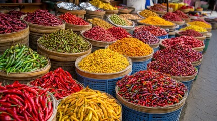 Fototapeta premium Vibrant Display of Fresh Spices in Traditional Market Baskets