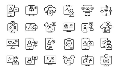 24 Medical and Healthcare Line Icons Hospital, Doctor, Patient Care, Emergency, Surgery, Pharmacy, Vaccination, Telemedicine, First Aid, and Medical Equipment Vector Icon Bundle