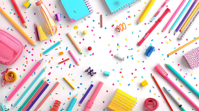 Colorful school supplies abstract background. School and education concept. Top view, flat lay. - Powered by Adobe