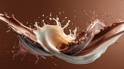 milk and chocolate splash isolated on brown background, flying liquid wave with splashes, cream swirls.