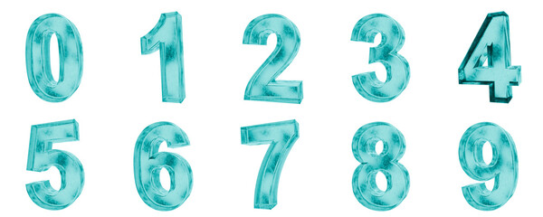Set of 10 3D blue frosted ice glass of number shapes isolated on a transparent background. 3d elements for graphic design.