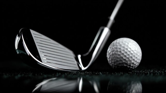 Golfer equipment captured close-up with gleaming club head and ball aligned for an accurate stroke
