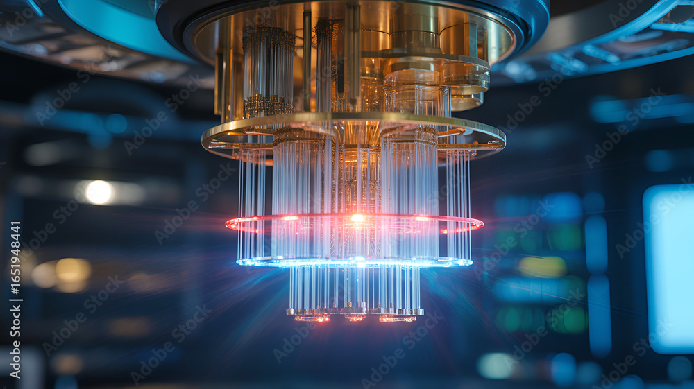 Poster closeup of a quantum computers core with glowing rings and intricate components