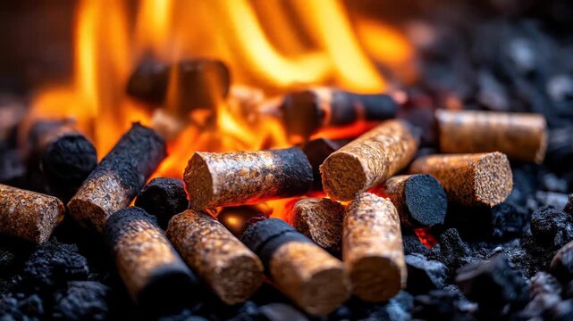 Close-up of burning wood pellets