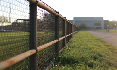 Obraz premium Metal fence along grassy field, building beyond