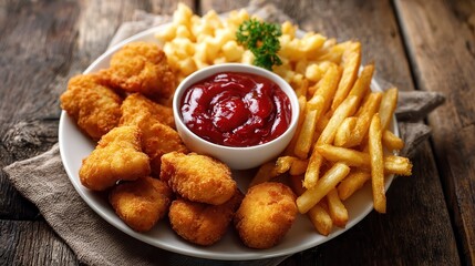 Plate of french fries and chicken nuggets with ketchup on wooden table.