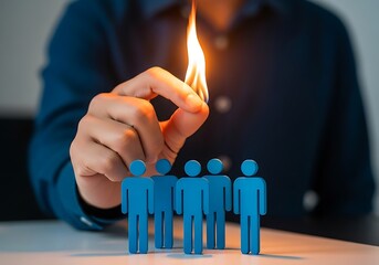 A businessman's hand holds a lit match over a team of human figures, a powerful concept of firing staff, creating a toxic work culture, burnout, and business leadership failure.
