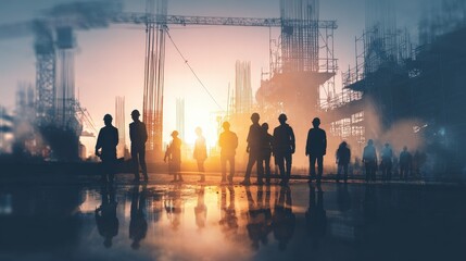 Group of silhouetted engineers and construction workers collaborating on site, the factory background gently blurred with a vivid film grain effect creating cinematic mood