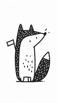 Funny Cute Fox Cartoon Illustration Black White Drawing Minimalist Vector Design Whimsical Character Artwork Playful Kids Style Youtful Trendy Nature Wildlife Friendly Graphic Motif Paper Printable