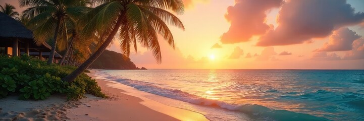 Serene sunrise over tranquil ocean waters at a luxurious resort Palm trees sway gently in the warm breeze, promising a day of relaxation and rejuvenation , calm, escape