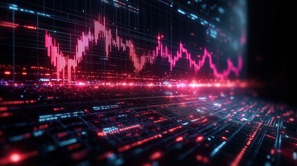 Fototapeta premium Vibrant financial trading chart with glowing red and blue data lines, representing market fluctuations and technological data flow.