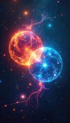 Two intertwined, luminous orbs represent the mystical connection and bond between souls, ethereal and radiant, signifying spiritual kinship , celestial, soul, kinship