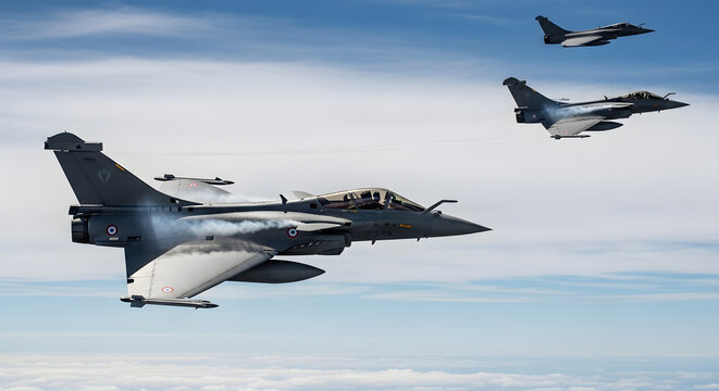 Three French Air Force Rafale fighter jets flying in a tight tactical formation for a joint mission.