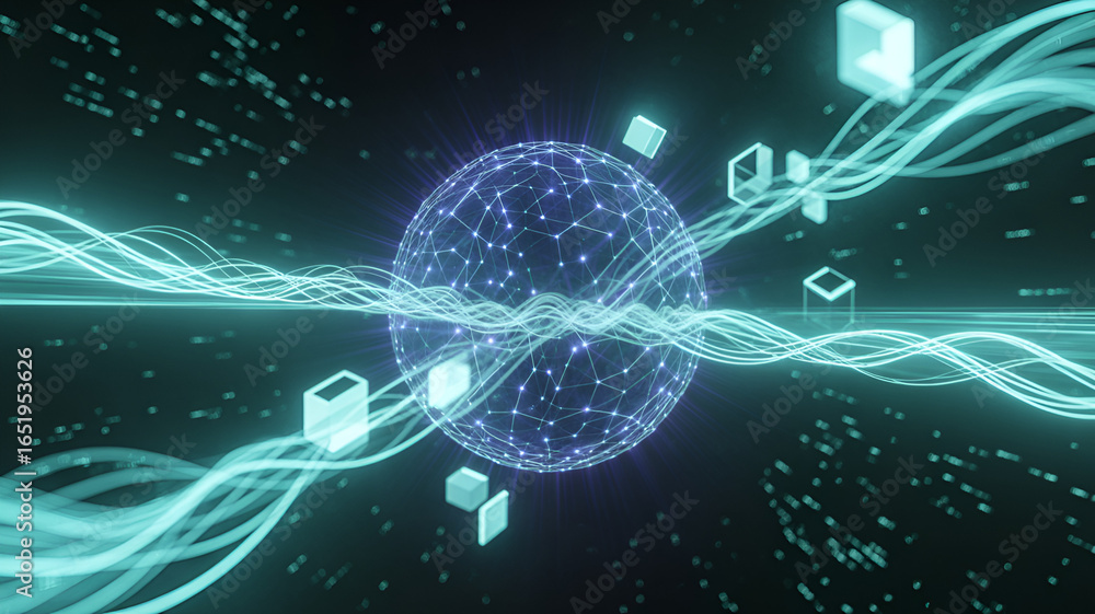 Aufkleber a glowing sphere with network connections and cubes floating in a dark space