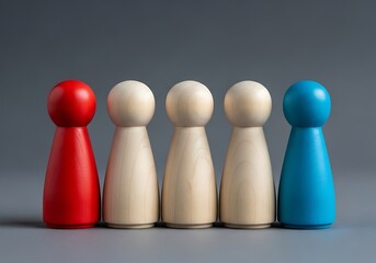 Red and blue figures symbolizing opposing political parties separated by undecided wooden pawns. Abstract concept for election choice, societal division, and bipartisan government.
