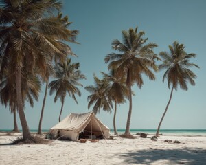Summer travel planning concept shows A serene beach scene with palm trees and a tent under a clear blue sky.