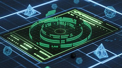 Futuristic digital interface with geometric shapes and glowing green elements