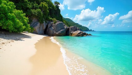 Obraz premium Untouched Paradise Serene Coastal Scene of Turquoise Waters Gently Lapping Lush Greenery-Bordered Sands - Perfect for Relaxation and Travel