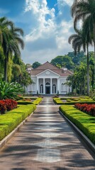 Colonial Style Building with Palm Trees
