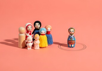 A single traditional doll is isolated from a diverse group by a drawn circle, a powerful visual metaphor for social distancing, personal bubble, quarantine, exclusion, and preventing spread.