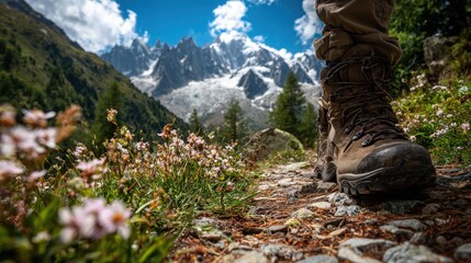 Hiking boots stepping on wildflower-strewn paths with majestic mountain peaks rising high in the background during a summer hike in the Alps