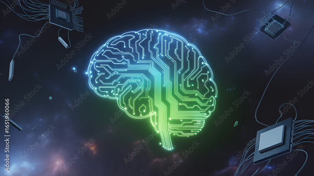 Poster artificial intelligence brain with digital circuits and neural connections