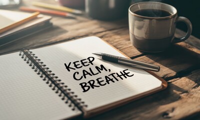 Open notebook with "Keep Calm, Breathe" message, coffee cup