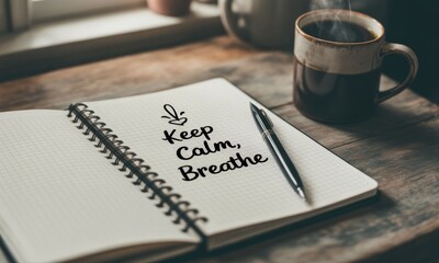 Open notebook with "Keep Calm, Breathe" message, pen, and coffee cup