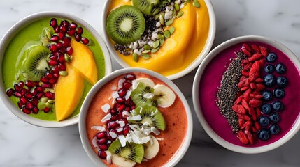 Colorful Smoothie Bowls Topped with Fresh Fruits and Nuts on a Marble Surface