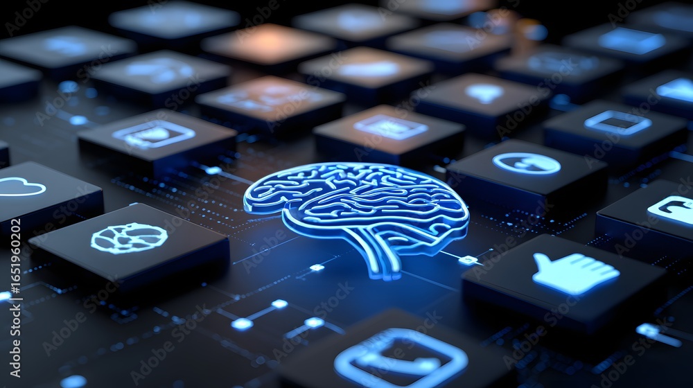 Poster digital brain interface design with interactive network and data control elements in technology