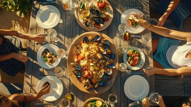 Vibrant Group Meal Overhead View with Seafood Pasta and Fresh Salad