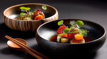 Artfully Plated Gourmet Dish with Fresh Vegetables and Herbs in Elegant Bowls