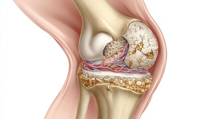 Naklejka premium Illustration of knee joint degeneration with worn cartilage causing pain in an elderly patient