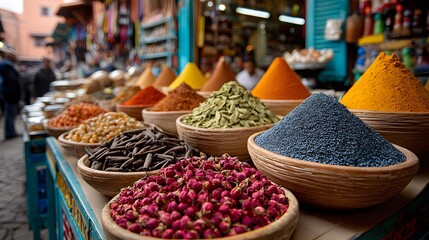 Fototapeta premium Vibrant Display of Colorful Spices in Traditional Market Baskets with Exotic Aromas