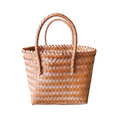 Still life of female shoulder bag made of recycled plastic material, similar to a woven bamboo bag isolated on white
