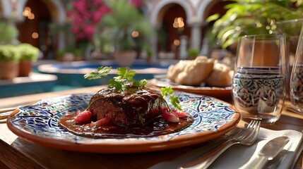 Exquisite Gourmet Dish with Rich Sauce and Garnish Served at an Outdoor Restaurant