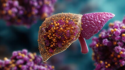 Illustration of liver inflammation caused by fat deposits leading to liver damage in progressive fatty liver disease