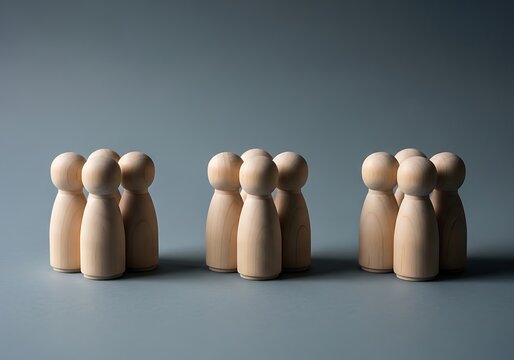 Symbolic representation of societal division with three separate groups of wooden figures. A minimalist concept illustrating segregation, demographics, community isolation, and social structure.