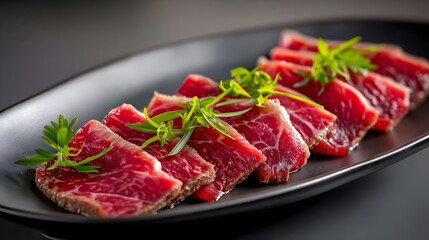 Thinly Sliced Fresh Beef with Elegant Garnish on a Black Plate for Gourmet Dining Experience