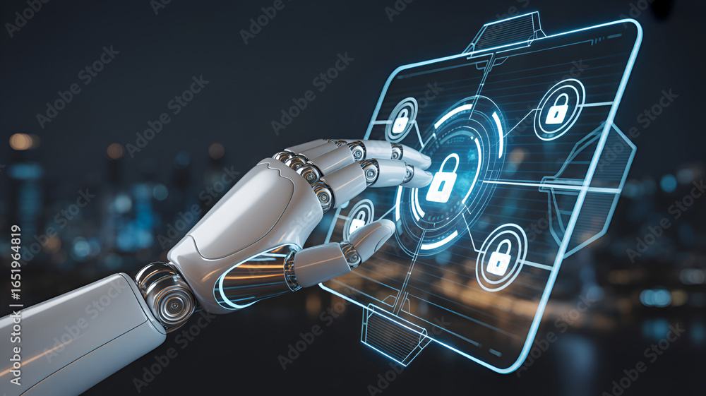 Poster robotic hand interacting with a digital lock interface for cyber security concept