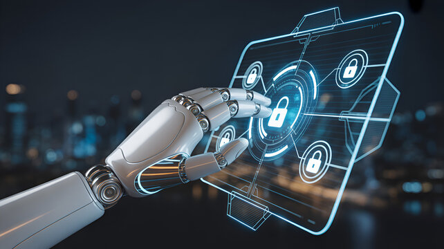 Robotic hand interacting with a digital lock interface for cyber security concept