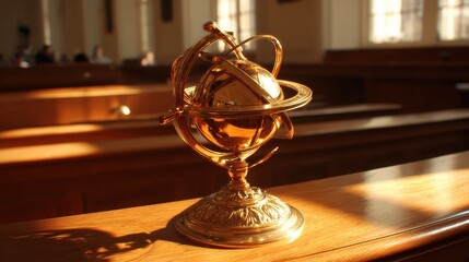Vintage Gold Globe and Armillary Sphere on Wooden Table in Courtroom
