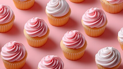 Delicious Rows of Pink and White Frosted Cupcakes on a Soft Pink Background