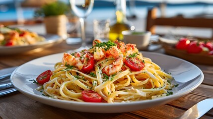 Delicious Pasta Dish with Shrimp and Fresh Tomatoes Served at Sunset by the Ocean