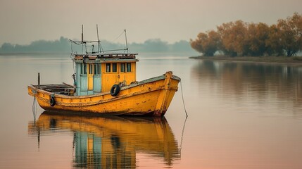 Fisherman's Boat on the River at Morning, with River Canal in Asia Background