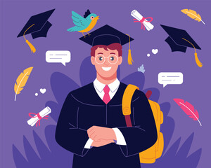 Graduate Student Surrounded by Academic Symbols and Text Bubbles