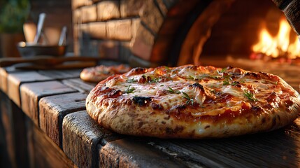 Wood-Fired Pizza Freshly Baked in Traditional Oven with Melted Cheese and Fresh Herbs