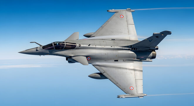 A French Dassault Rafale jet executing a sharp, high-speed climbing turn against a clear blue sky.