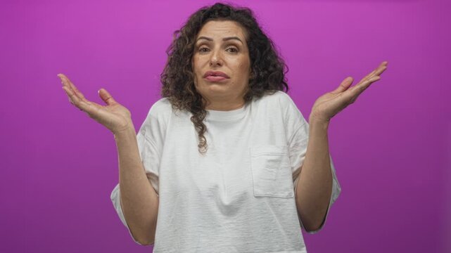 Hispanic woman shrugging with palms up gesture while wearing white shirt in pink studio; uncertainty.