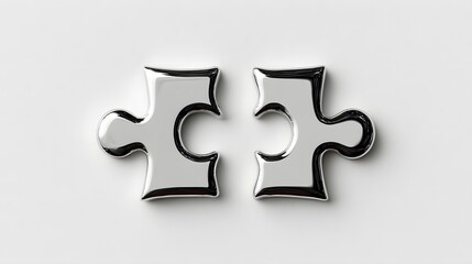 Obraz premium Two Interlocking Silver Puzzle Pieces on a Clean White Surface Representing Connection and Teamwork